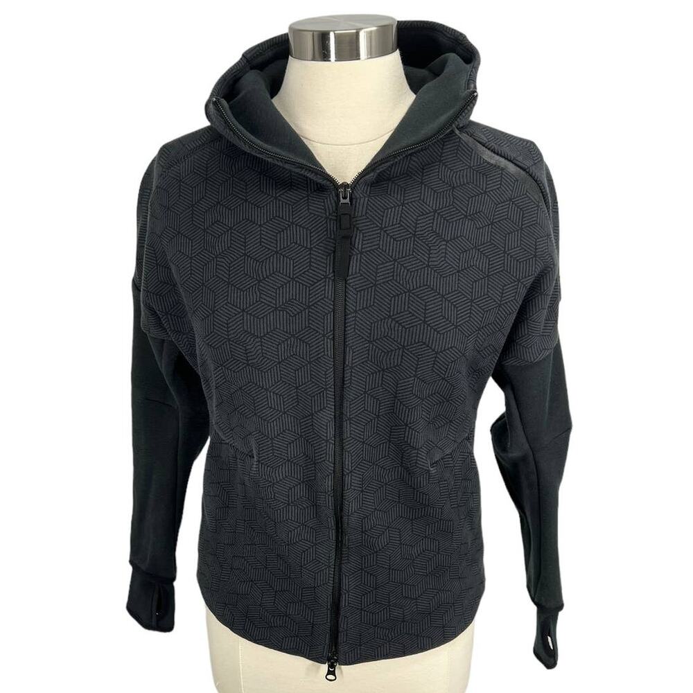 ADIDAS Long Sleeve Hooded Black Pattern Zip Up Jacket